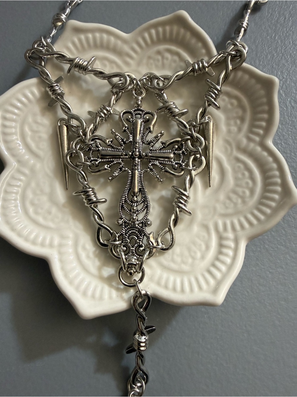 gothic barbed wire necklace features a central ornate cross pendant and spike - Picture 6 of 7